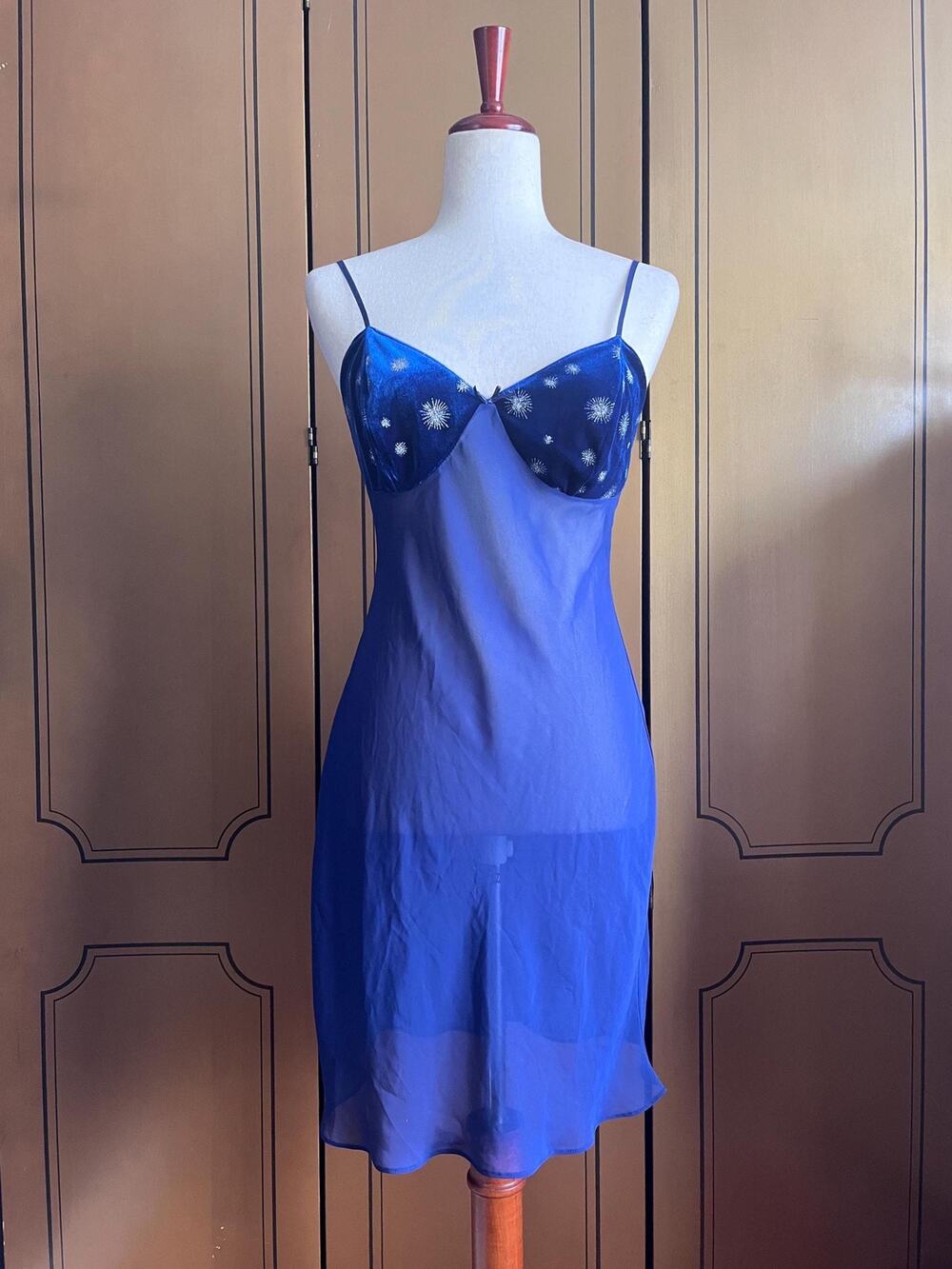 Vintage sheer nightgown with velvet details in midnight blue, size S